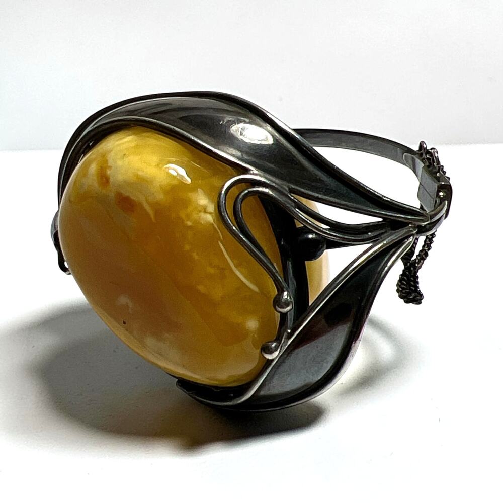 Vintage 925 Silver Baltic Amber Cuff Bracelet Gdansk Poland Modernist 32.4 grams